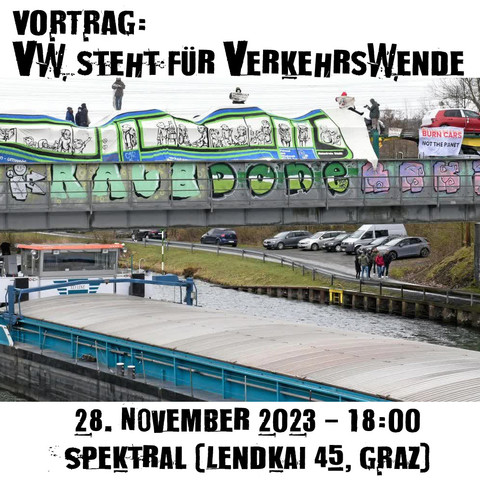 Veranstaltungsgrafik für "Vortrag: VW steht für VerkehrsWende"
"28. November 2013 - 18:00 Spektral (Lendkai 45, Graz)"