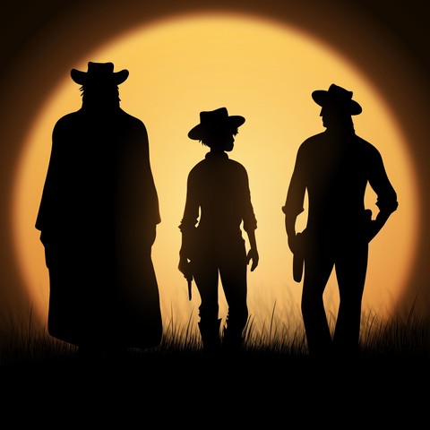 Illustration de trois cowboys faisant dos au soleil couchant