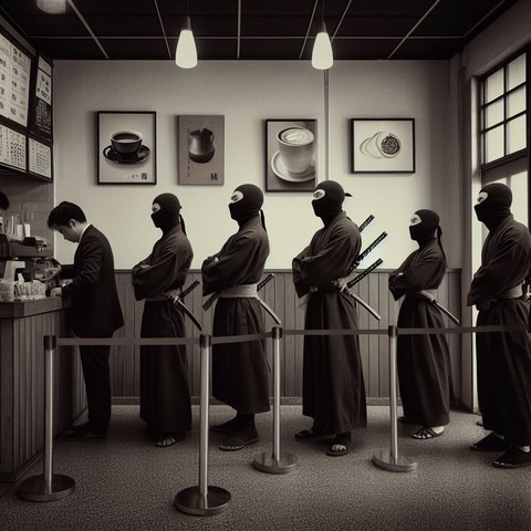 A queue of ninjas at a coffee shop