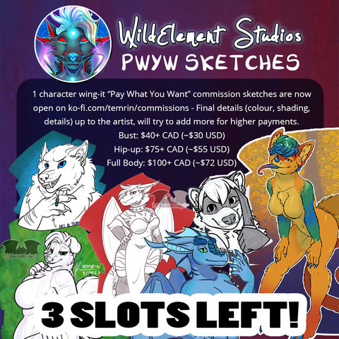 advert that shows pay what you want sketch commissions, some are even coloured! Reads "WildElement Studios PWYW Sketches. 1 character wing-it "Pay What You Want" commission sketches are now open on ko-fi.com/temrin/commissions - Final details (colour, shading, details) up to the artist, will try to add more for higher payments. Buyst: $40+ CAD (~$30 USD), Hip-up $75+ CAD (~$55 USD), Full Body: $100+ CAD (~$72 USD)" then shows a selection of furry/anthro examples.