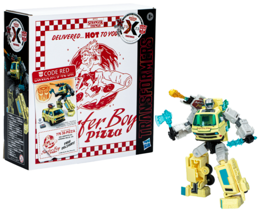 A Hasbro stock photo of a new Transformers crossover figure, this time of the Pizza Van seen in Netflix TV sensation, Stranger Things! The bot is named "Code Red" and the box is styled after the fictional "Surfer Boy" pizza chain from the show!