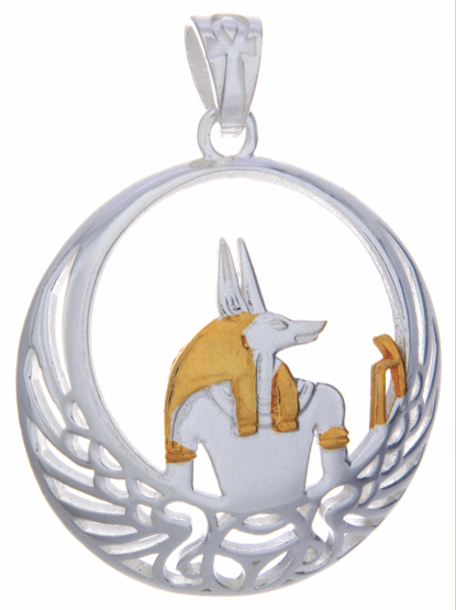 Sterling silver pendant with gold accents,  featuring the Egyptian god Anubis.