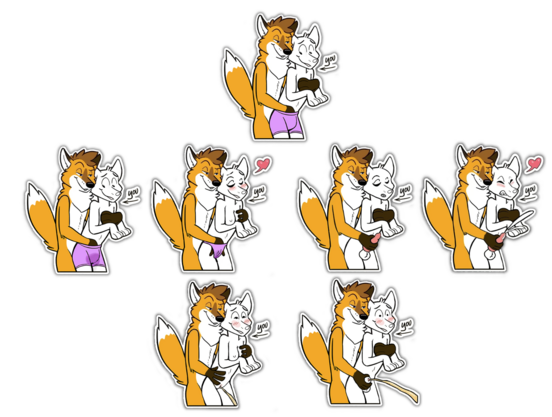 A collection of various Telegram stickers. In all of them, my character holds a "Your Character Here" placeholder from behind.

In the original sticker on top, he reaches down the YCHs pants. In the new stickers, from top left to bottom right:

- Reaches down YCH pants, which are wet.
- Reaches down YCHs bikini pants which are soaked, the hand is doing a gesture which makes it clear that under the fabric YCH is fingered. The other paw is grabbing the left tit.
- Holds the errect penis of YCH.
- Holds the errect penis of YCH which has reached climax and is shooting a huge load.
- Holds the tummy of a YCH close to the peeing vulva, while the other paw grabs the left tit.
- Holds the peeing, mostly sheathed penis of YCH