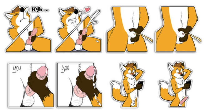 A collection of various Telegram stickers. 

The stickers are organized in sets of two, with an original and the variant.

On the top left, the new variant has Foxbrush holding his fully errected, swollen knot member, biting his lower lip and exclaiming "Ngh ..." being close to coming.
The original image shows Foxbrush during climax, with a huge cumshot from his member.

Top right has Foxbrush holding his sheath while peeing, the variant shows the penis tip, while the original was fully sheathed.

Bottom right has Foxbrush giving someone a handjob, on  the original some pre leaks from the tip, while the new variant shows the scene post climax, with cum stains over Foxbrush's arm and paw, and cum dripping from the cock.

Bottom right has Foxbrush looking at his phone, blushing. The new variant shows his penis mostly sheathed, but the tip starting to show. The original image shows a full errection.