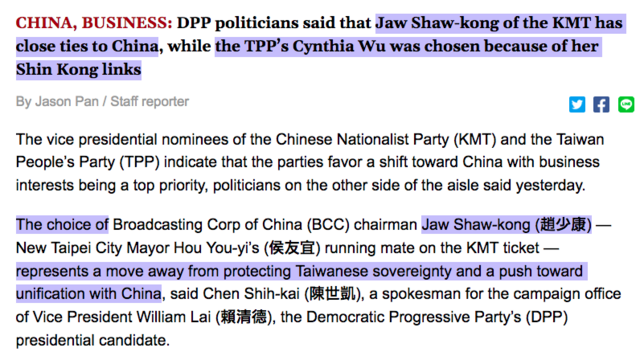 CHINA, BUSINESS: DPP politicians said that Jaw Shaw-kong of the KMT has close ties to China, while the TPP’s Cynthia Wu was chosen because of her Shin Kong links

    By Jason Pan / Staff reporter

The vice presidential nominees of the Chinese Nationalist Party (KMT) and the Taiwan People’s Party (TPP) indicate that the parties favor a shift toward China with business interests being a top priority, politicians on the other side of the aisle said yesterday.

The choice of Broadcasting Corp of China (BCC) chairman Jaw Shaw-kong (趙少康) — New Taipei City Mayor Hou You-yi’s (侯友宜) running mate on the KMT ticket — represents a move away from protecting Taiwanese sovereignty and a push toward unification with China, said Chen Shih-kai (陳世凱), a spokesman for the campaign office of Vice President William Lai (賴清德), the Democratic Progressive Party’s (DPP) presidential candidate.
