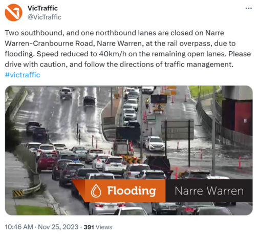 Flooding: Narre Warren

VicTraffic: Two southbound, and one northbound lanes are closed on Narre Warren-Cranbourne Road, Narre Warren, at the rail overpass, due to flooding. Speed reduced to 40km/h on the remaining open lanes. Please drive with caution, and follow the directions of traffic management. #victraffic
