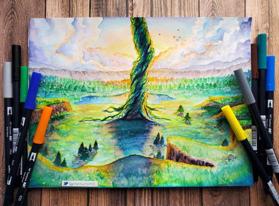 A photo of a traditional artwork of a vast landscape, a sun rising behind clouds, shining over distant mountains and forests, with cliffs surrounding the central subject of a magic beanstalk, towering over everything. Drawn with Tombow markers, also seen in the photograph.