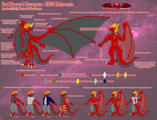 A reference sheet for DarkOverord Occassus, a red anthropomorphic western rubber dragon. The second image is NSFW but I can't add two alt texts via postybirb :V