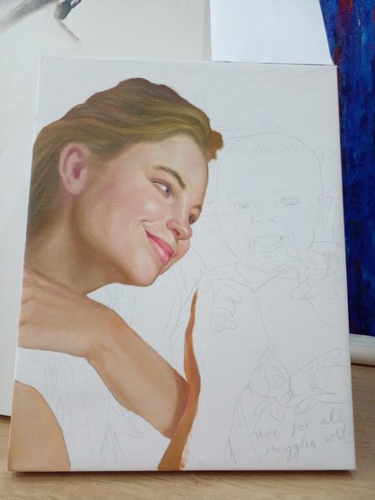 a painting in the process of being made, a woman is the only thin in color, she is seen from the chest up, smiling and looking warmly next to her, everything else is blank white with faint graphite pencil guidelines