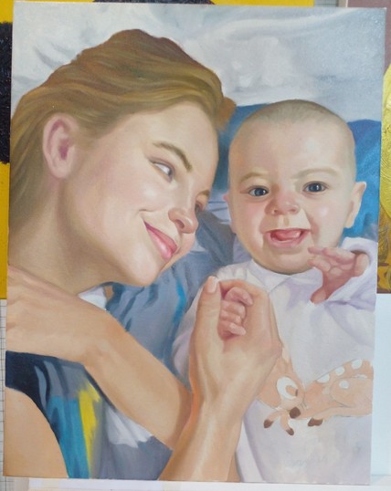 the painting, colored in, the mom is looking at her baby, holding its hand, the other hand of the baby reaches to the viewer, the baby is wearing white pajamas