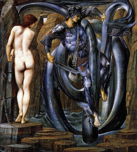 a painting of a woman tied with a chain to a stone platform, a man in armor is fighting a serpent, its body is long and wraps around in a tangled way, its mouth open, the man has a sword in his hand, the dragon is a steel blue color, there are rocks and the sea in the background, large cliffs