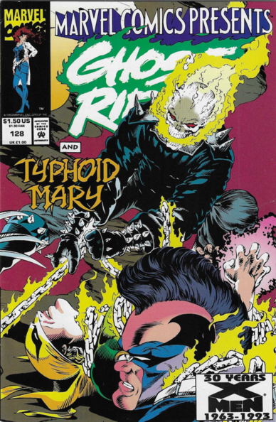 a cover of a comic book, at the top it reads 'marvel comics presents ... ghost rider'; 'ghost rider' letters are in green flames, iron fist is wrapped in his flaming chain, another mad max style character with a mohawk is also bound with it, ghost rider holds the chain, flames pouring from his head, his skull head's mouth open