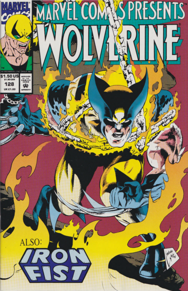 another cover of the comic, it is the second connecting half of it; wolverine is bound in the flaming chain of ghost rider, he is advancing towards the viewer , his claws out, an angry look on his face
