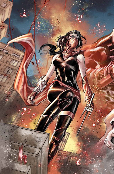 an illustration of Elektra, she is holding a sai blade in her hand , a long piece of red fabric around her waist, she has the bottom of her face covered bandit-style, her arms are bare, her torso and legs covered by a dark tight bodysuit, she stands on the edge of the building