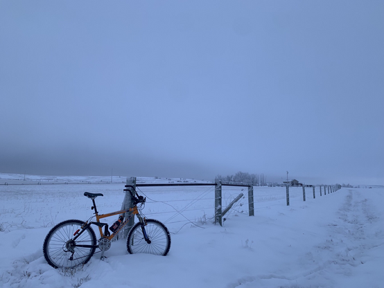 An orange bicycle leans against an open pasture gate with a fence line stretching toward the right horizon. Six inches of new snow cover the fields and hills.
