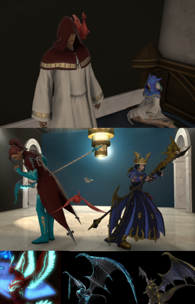 a 5 image compilation. first: two ominous robed figures. second: a man wearing red and turquoise with elements that look like feathers and a woman wearing blue and gold with dragon wings and dragon-like details. The last three images are the characters they are cosplaying: a turquoise and red phoenix, and a blue / gold dragon.