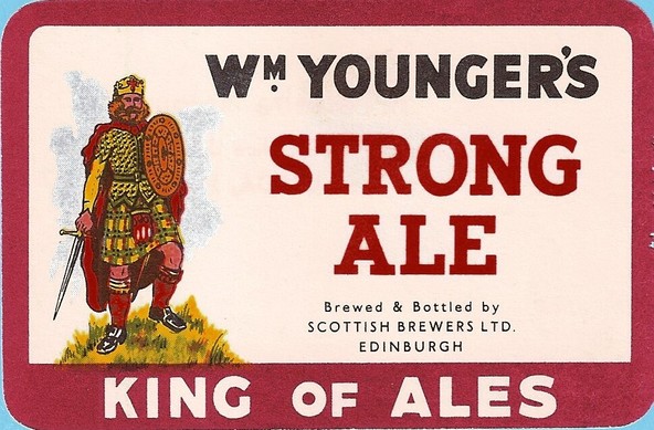 A William Younger Strong Ale label featuring a bearded king wearing a kilt and carrying a sword and shield.