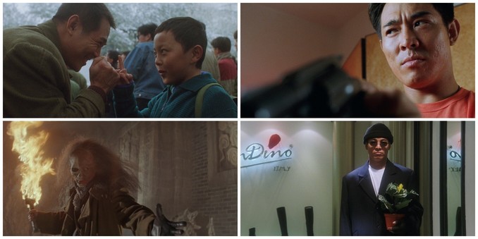 four film stills: Jet Li & Xie Miao as father & son in 'My Father is Hero'; Jet Li examining a revolver in 'Hitman'; supernatural monster soldier wields a flaming sword in 'Dr Wai'; Jet Li impersonates 'Leon'...