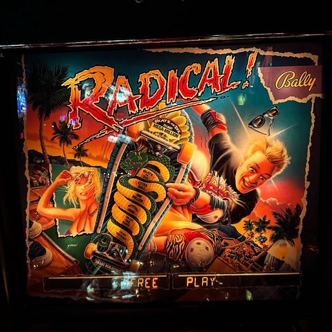 Radical pinball machine's backglass, featuring a skater dude in a very 80s pose.