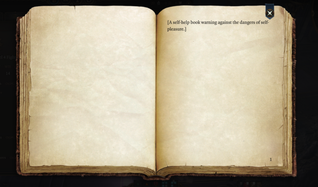 A screenshot from the game Baldur's Gate Three.
It shows a book which contains the descriptor, "A self-help book warning against the dangers of self-pleasure."