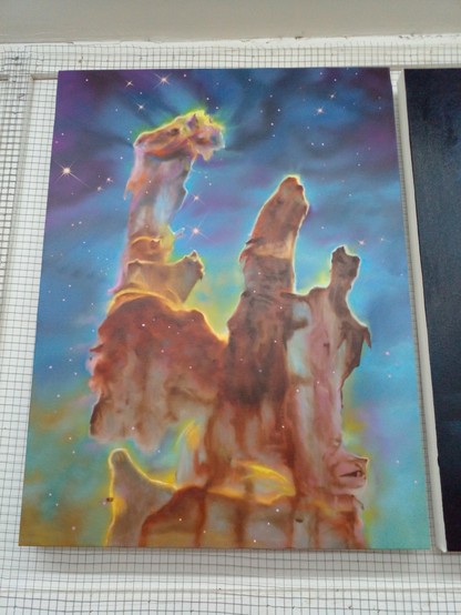 the painting, nearly finished, shining stars   all throughout it