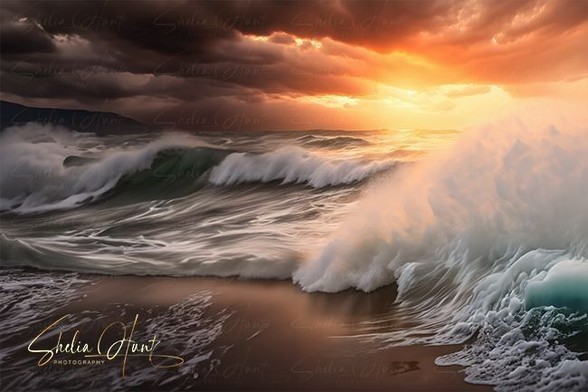 Golden sunrise, with powerful waves crashing against the rocks, with dark stormy skies, on the coast of Maine near Kennebunk. From the Fine Art Gallery of Shelia Hunt at www.shelia-hunt.pixels.com.