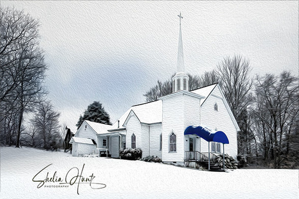Hull’s Chapel, an historic, little white church covered in snow on a winter day in Northeast Tennessee.  From the Fine Art Gallery of Shelia Hunt.