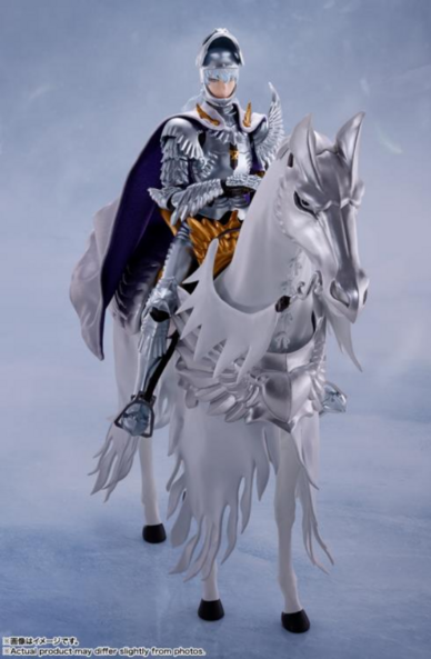 a photo of an action figure wearing silver armor riding a white horse, his helmet on, the mask lifted up, his face showing, he wears a lavender colored cape, the white horse has pieces of silver armor on its body