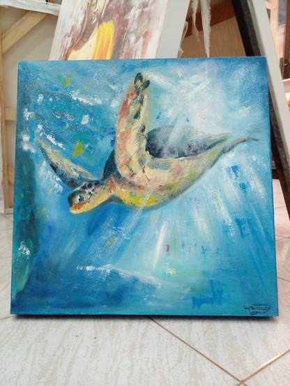 a painting of a sea turtle, seen from below it, sunlight coming in from the surface of the water