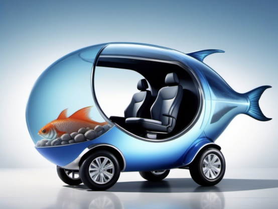 A car with small tires, a fish tail, no doors and what seems like a fishbowl at the front.