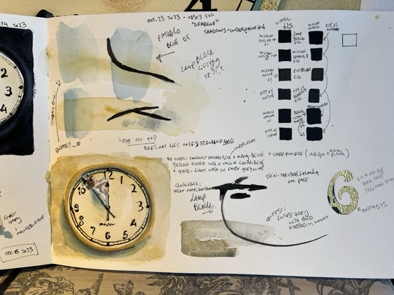This is the second page of the colour studies in my sketchbook. These studies show different black ink, swatches and paint swatches along with different transparency, paints and super granulated paints in watercolor. There is also a gold leaf test and the final colour study of the clock face that I used in my painting “Deadline”