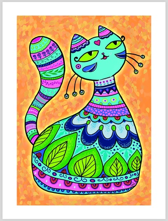 A colorful digital drawing of a cat, with mandala patterns on its body. Colors are mostly blue, magenta and green, and background has orange hues.