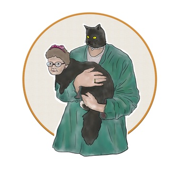 A digital painting of a meme, an old lady is holding a black fluffy cat, but heads are swapped.