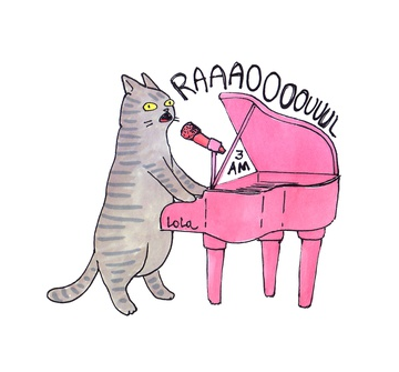A drawing of a tabby cat singing some loud song in front of a pink toy piano.