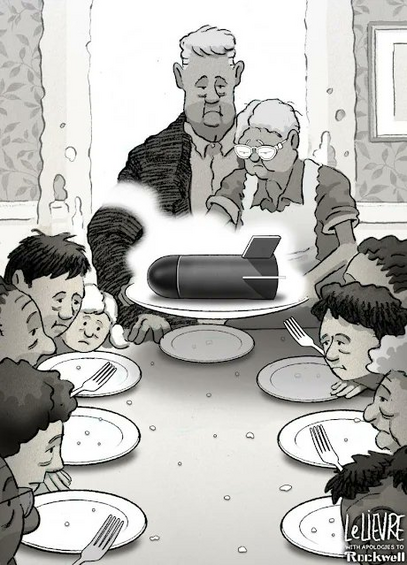 The head of the table, a man sits, with an empty plate as his old wife carries a turkey platter to the table where every plate is is empty, and they wait, but the turkey is missing on the platter, It contains a bomb. 

LaLievre Cartoon