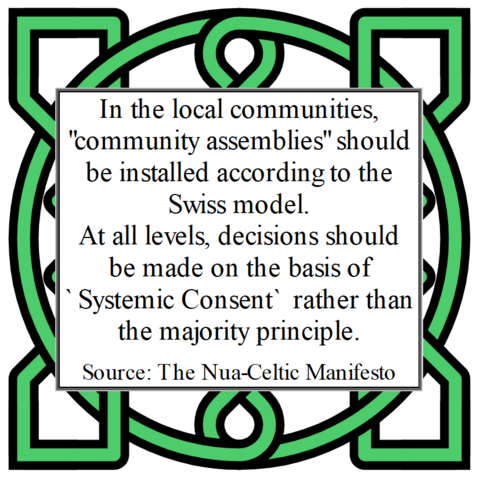 In the local communities, "community assemblies" should be installed according to the Swiss model.
At all levels, decisions should be made on the basis of `Systemic Consent` rather than the majority principle.
Source: The Nua-Celtic Manifesto