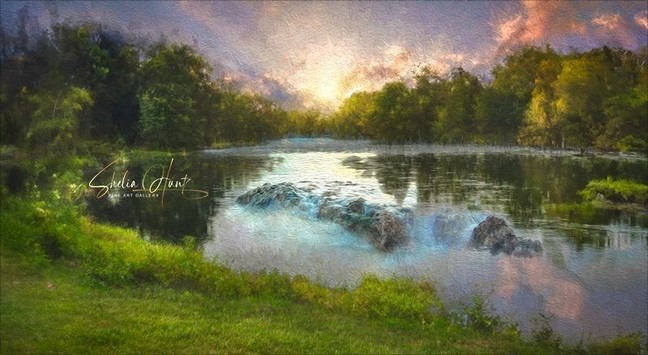 Panoramic view of the Watauga River near Sycamore Shoals in Northeast Tennessee.  The print has a beautiful artistic overlay suggesting the brush strokes from the Impressionistic period. The photo was taken near sunset in summer, and has a beautiful reflection in the river. From the Fine Art Gallery of Shelia Hunt.