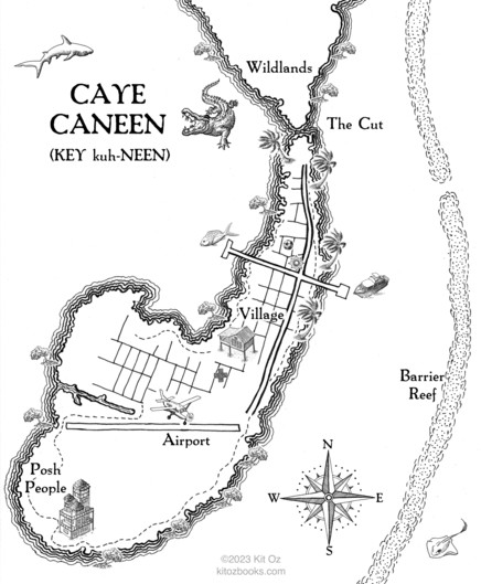Black and white map of a fictitious island, Caye Caneen, with small drawings of crocodile, shark, sting ray, airplane, boat, palm trees, mangroves, houses, and compass rose.