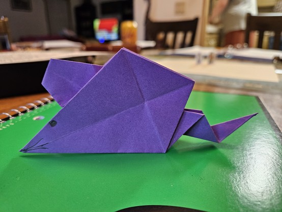 A purple origami mouse sits folded atop a green spiral bound notebook with a family kitchen table fuzzy in the background.