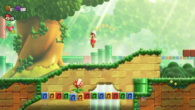 Mario jumps to avoid a walking flower in Super Mario Wonder