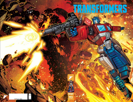 an illustration of Optimus Prime of the transformers running through flames and fire of a fierce battle, holding his long laser cannon in front of him, blasting, at the top in blue letters it says 'transformers'