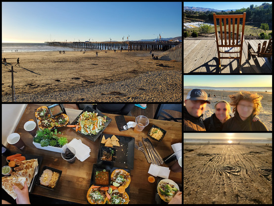 Pismo Beach and boardwalk, farm house where we over-nighted at San Luis Obispo, great food, 3/4 Family picture at the beach, and Boardwalk sunset.