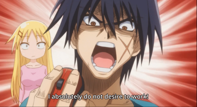 An anime man with a fierce expression says I absolutely do not desire to work.