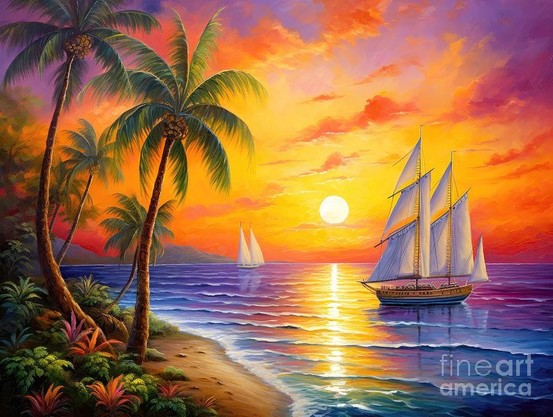 A paradise beach setting, complete with gracefully swaying palm trees. The sky is a mesmerizing canvas of orange, pink, yellow, and lilac hues, casting a magical glow over a stunning yacht sailing on the serene waters.