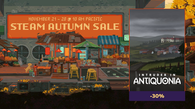 The official Steam Autumn Sale poster with an embedded poster of Intruder in Antiquonia on the side, clarifying it has a 30% discount during the event. The poster includes the event dates: November 21 - 28.