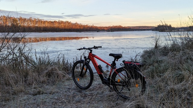 Ein rotes #Raleigh Dundee Mountain-Bike steht am Rand eines Sees kurz nach Sonnenaufgang. Eine dünne Eisschicht bedeckt den See. Die Pflanzen sind mit Reif überzogen. Im Hintergrund sind Bäume, die von der Sonne angestrahlt werden.
