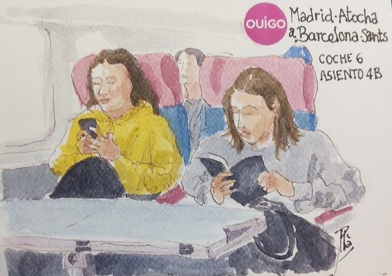 Acuarela de una pasajera consultando su móvil y otra leyendo