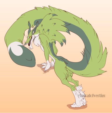 A very long fluffy green fox like monster with bright red eyes looks over his shoulder with his back facing the viewer.