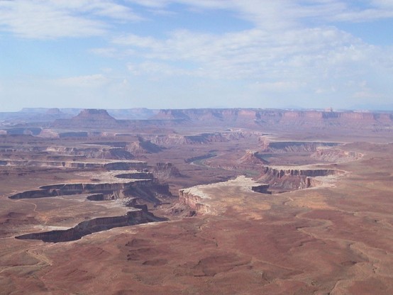 A picture of the Island in the Sky mesa from the Green River Overlook in Canyonlands National Park (which is north of Moab, Utah).  There are multiple canyons that can be seen branching out from a larger canyon like fingers.