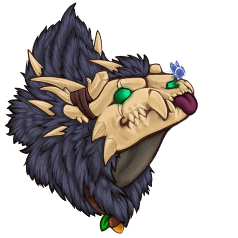 A Kul Tiran druid bear form headshot, the character is looking up and to the viewer's right, It has a skull for a face and a scruffy grey-blue mane with bone spikes poking out here and there.
It is staring at a blue butterfly sat on it's nose and blepping.